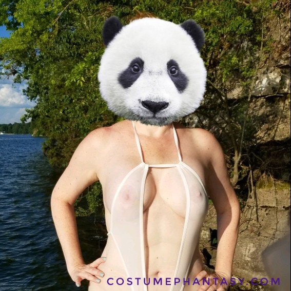 Panda girl in skimpy swimsuit by the shore