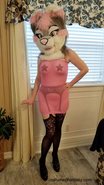 Cute girl in see through pink dress, stockings and furry puppy head mask