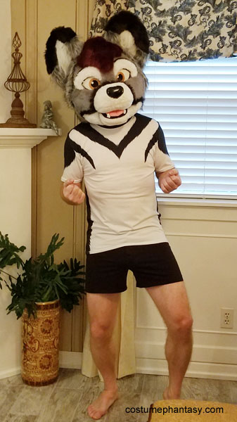 Man in fursuit head, husky shirt, and ready to yiff. Costume phantasy for costume, cosplay, pet play, furry and other kinky fun