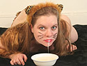 cat girl drinks milk out of a bowl and makes a mess, costure furry girl
